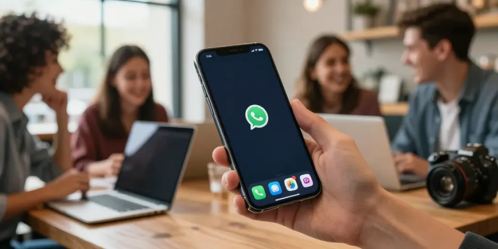 Experience features of FMWhatsApp APK at https://gbapps.net/fmwhatsapp-apk-dl/ with vibrant interface in a social setting.