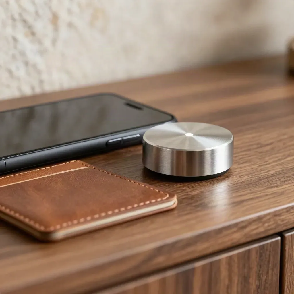 Face-down phone, silver alert puck, and leather card sleeve on a walnut sideboard.