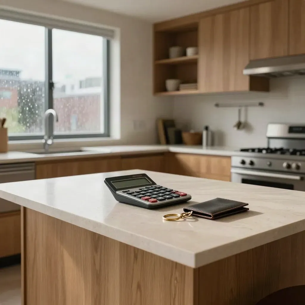 Toronto condo kitchen island with calculator, card sleeve, keys, and rain-lit window