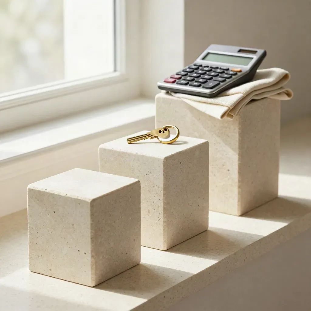 Stepped stone blocks, calculator and brass keyring on travertine shelf in warm window light.