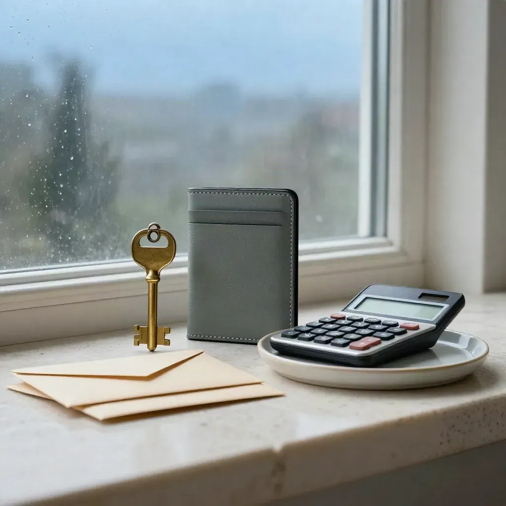 Brass key, calculator, card case and sealed envelopes on pale stone beside a rainy window.