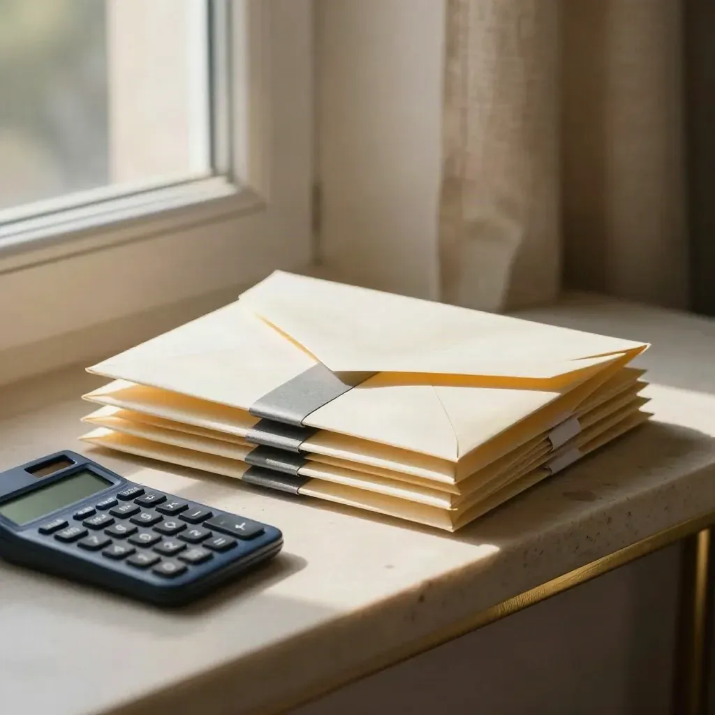 Three sealed envelopes and a calculator on a pale stone shelf with warm window light