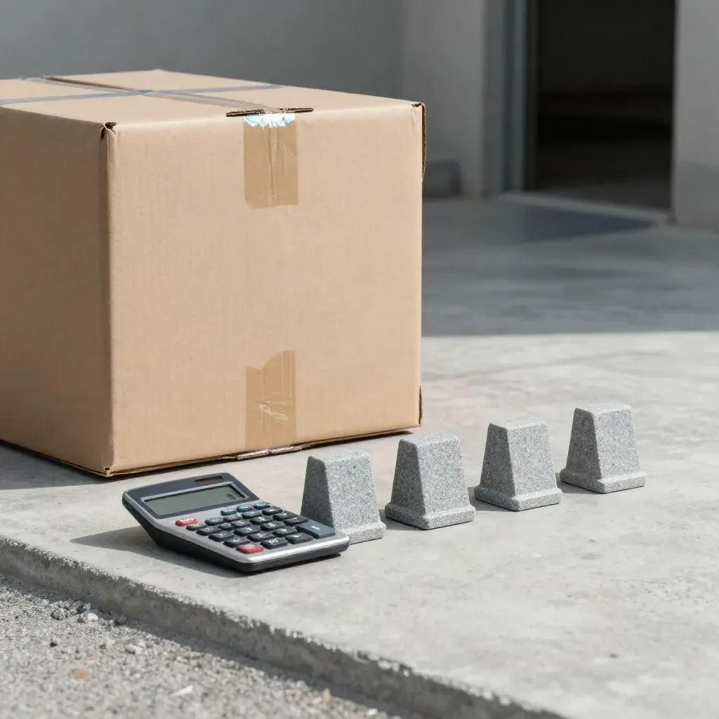 Appliance box, calculator, and four stone markers on a concrete entry floor with cool blue light.