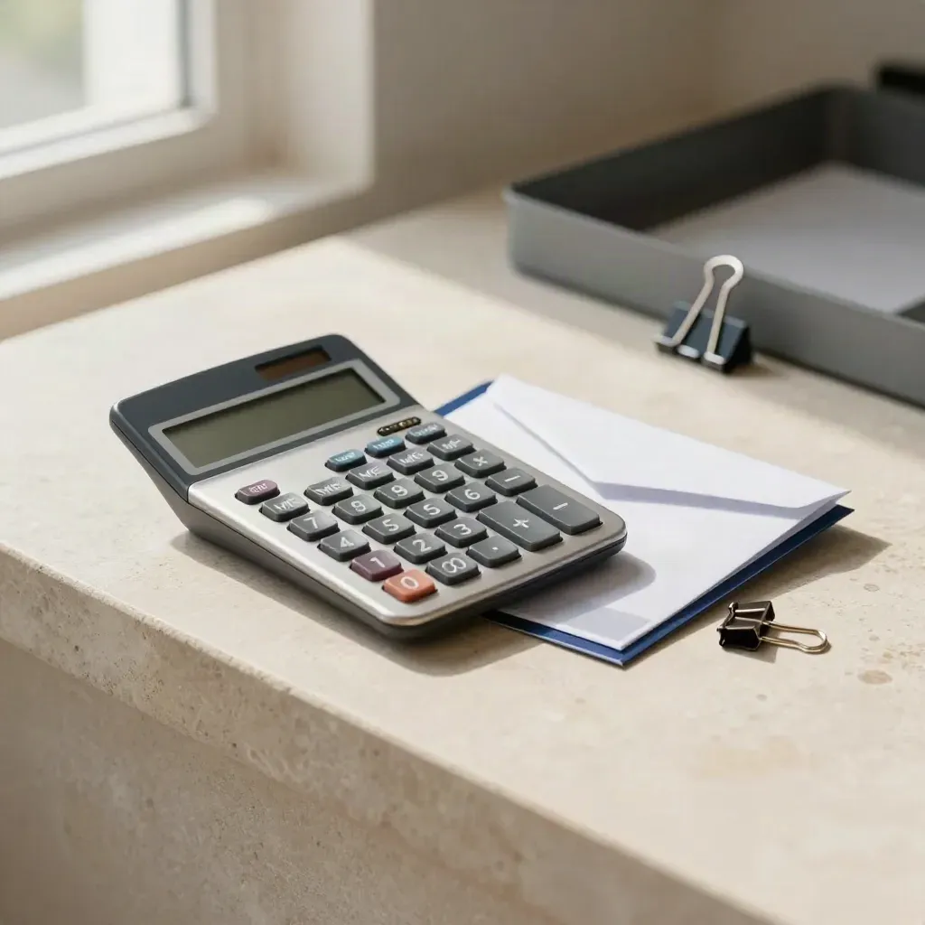 Calculator, sealed envelope, card sleeve and binder clips on a stone counter in soft daylight.