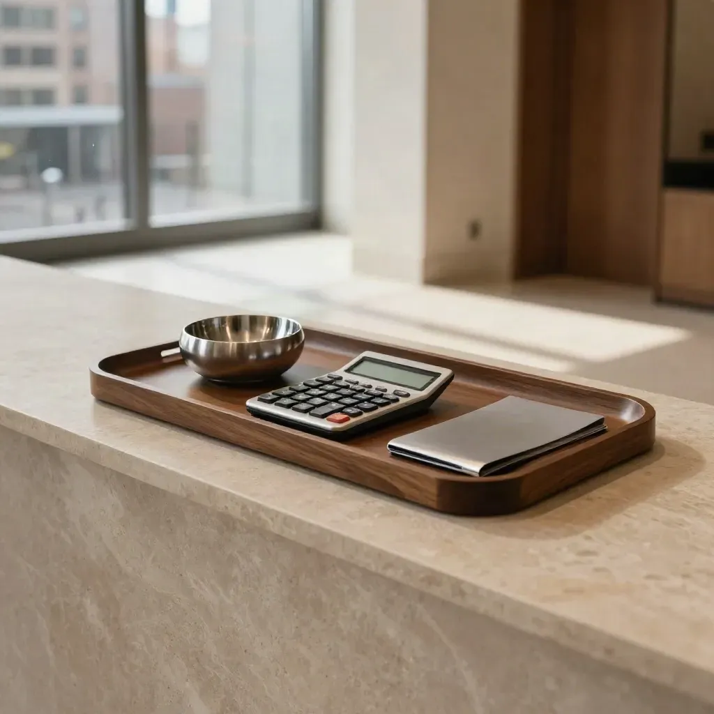 Toronto condo entry counter with consolidated finance tray, calculator, and key bowl in warm late-afternoon light.
