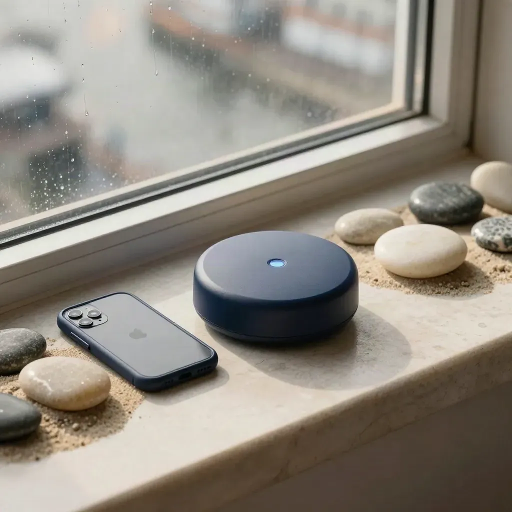 Vancouver window ledge with a monitoring puck, face-down phone, and milestone stones in warm rain light.