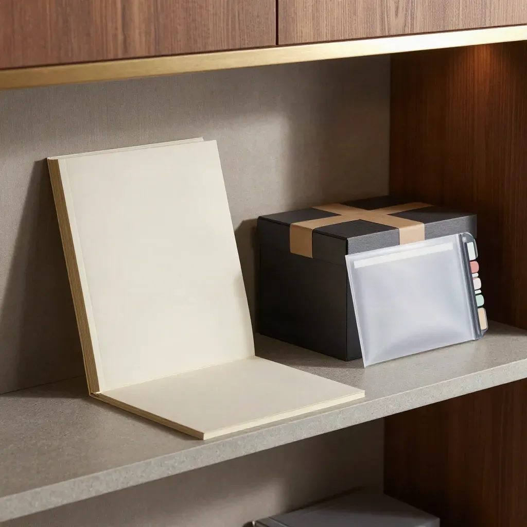 Stone shelf with a sealed loan file kit, archive box, and card sleeve in warm evening light.
