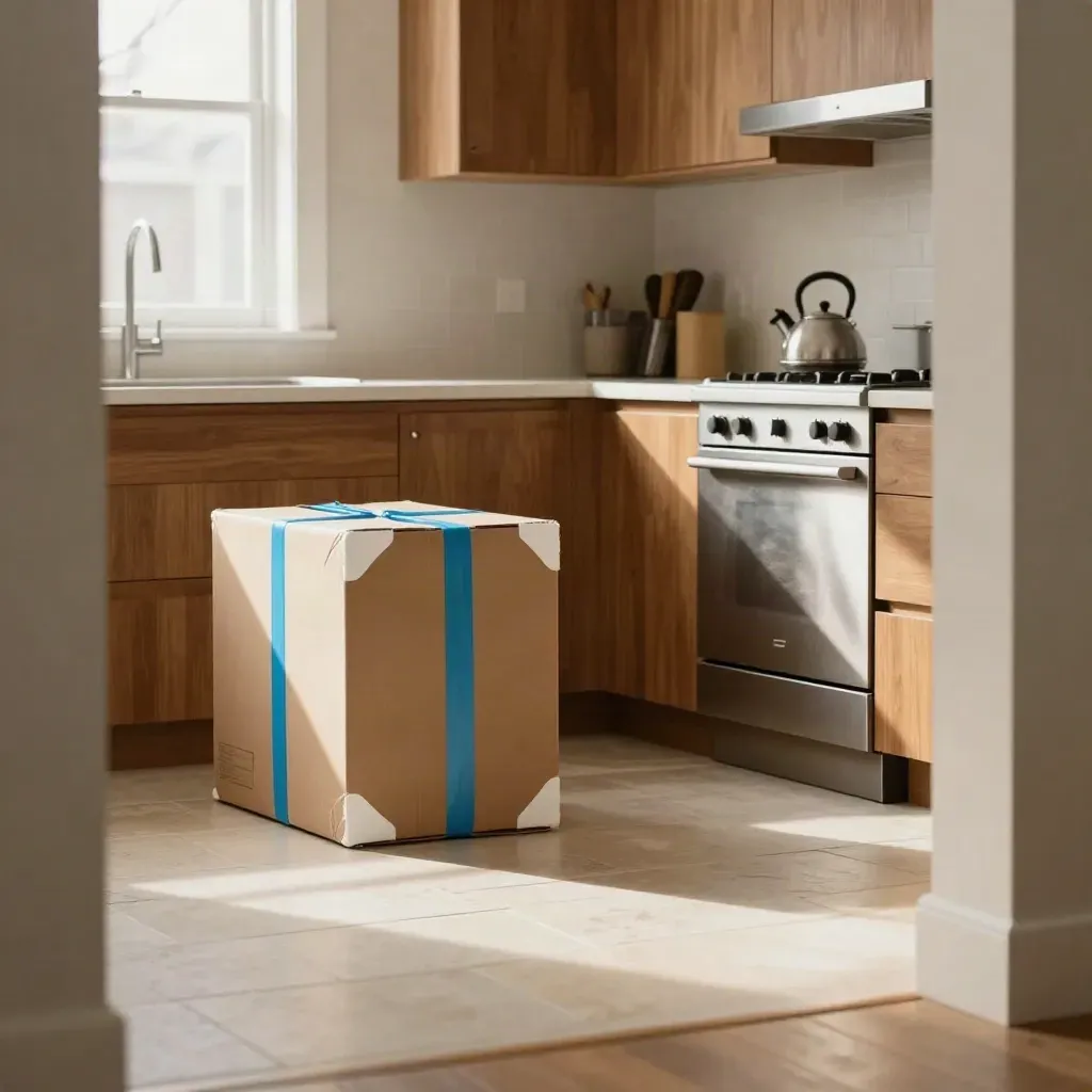 Ottawa kitchen corner with a wrapped appliance box on the floor and a cleared install space.