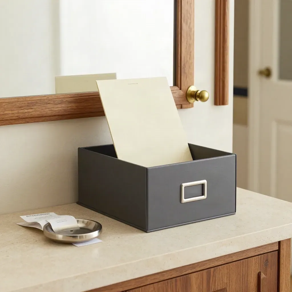Halifax hallway console with locked file box, silver accents, and a sealed document sleeve