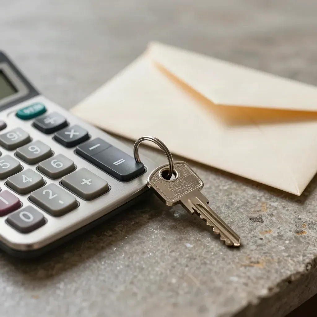 Macro still life of a loan intake kit: calculator, house key ring and sealed envelope on brushed stone.