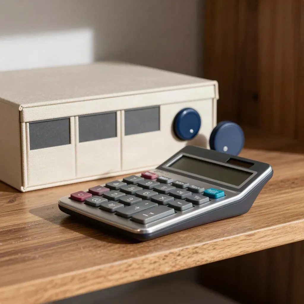 Calculator, archive box and alert puck on a warm wood shelf in a tight macro review scene