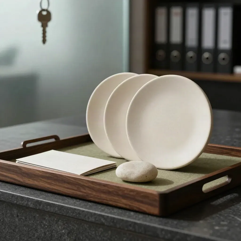 Three ceramic discs, card sleeve and stone on a dark tray in a dim advisory lounge.