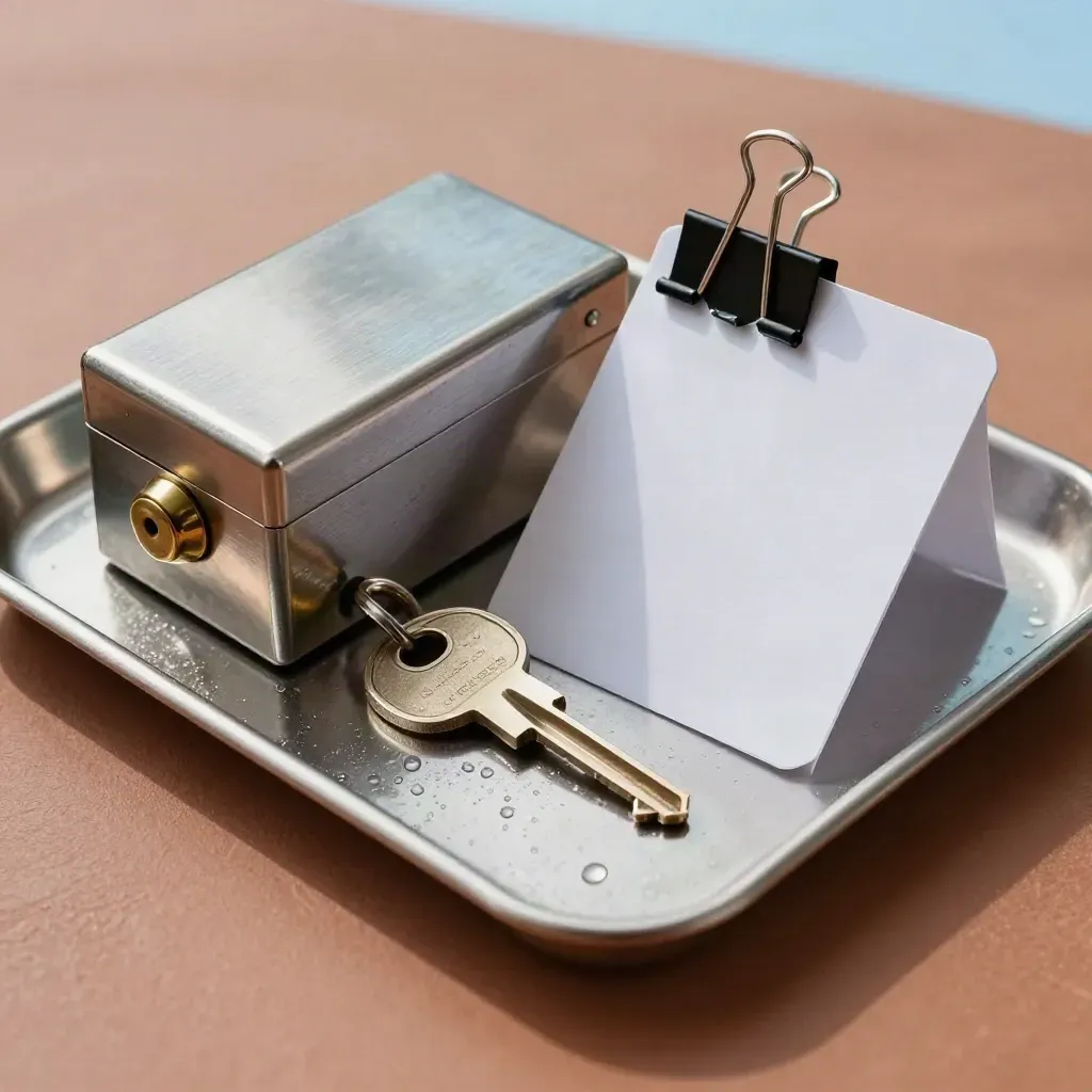 Overhead metal tray with key, binder clip, and frosted card sleeve on clay surface