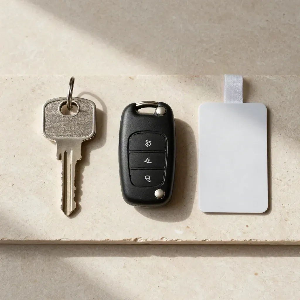 Overhead flatlay of a house key, car key fob, and wallet card on travertine