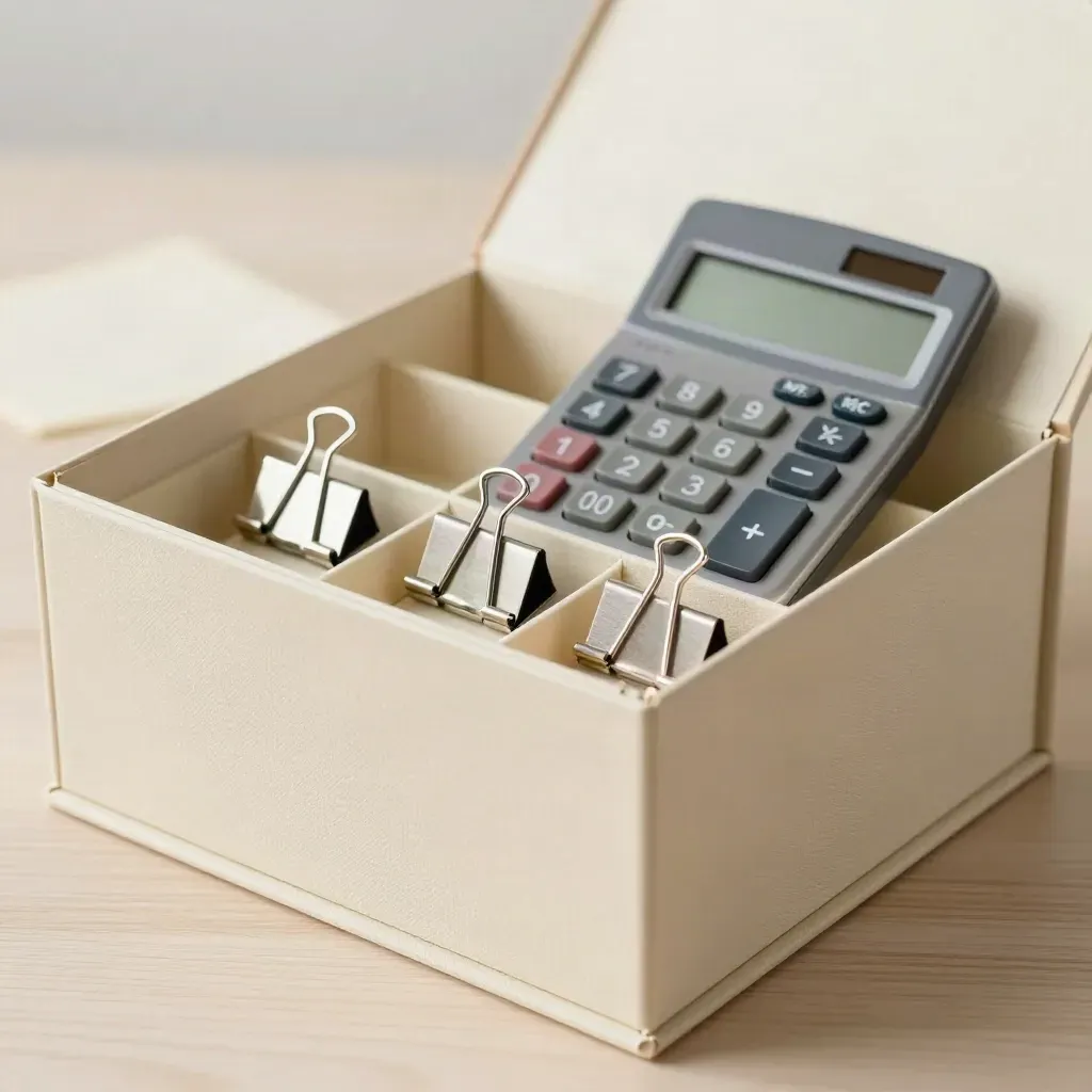 Open archive box with divider tabs, binder clips and calculator on pale wood.