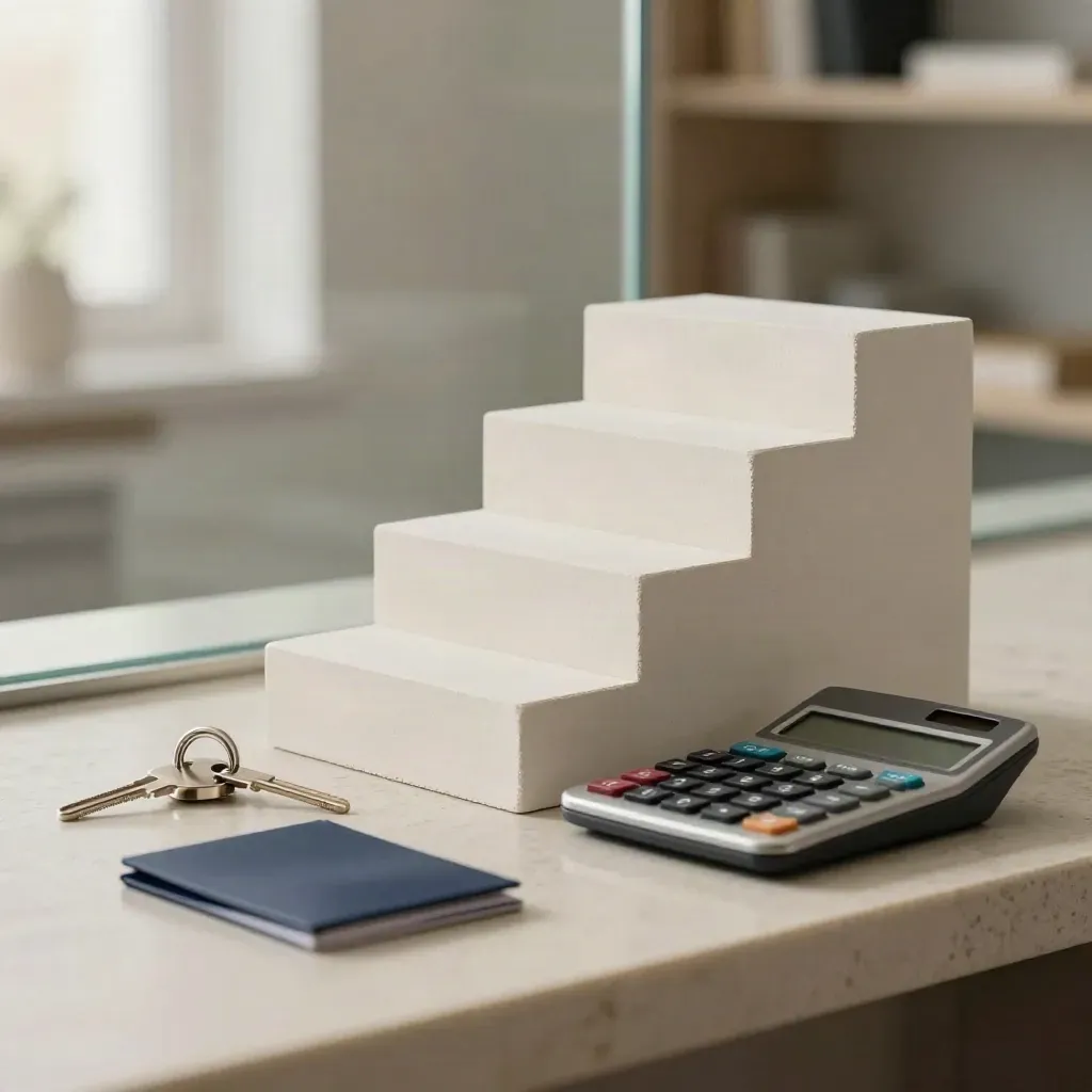 Stair-stepped blocks beside a keyring and calculator on a limestone counter.