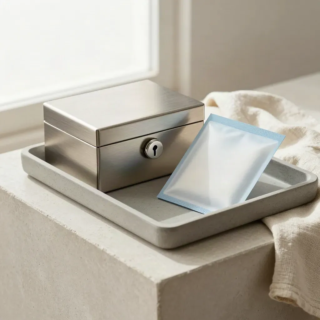 Locked packet, card sleeve, and submission tray on stone with soft sky-blue accent.