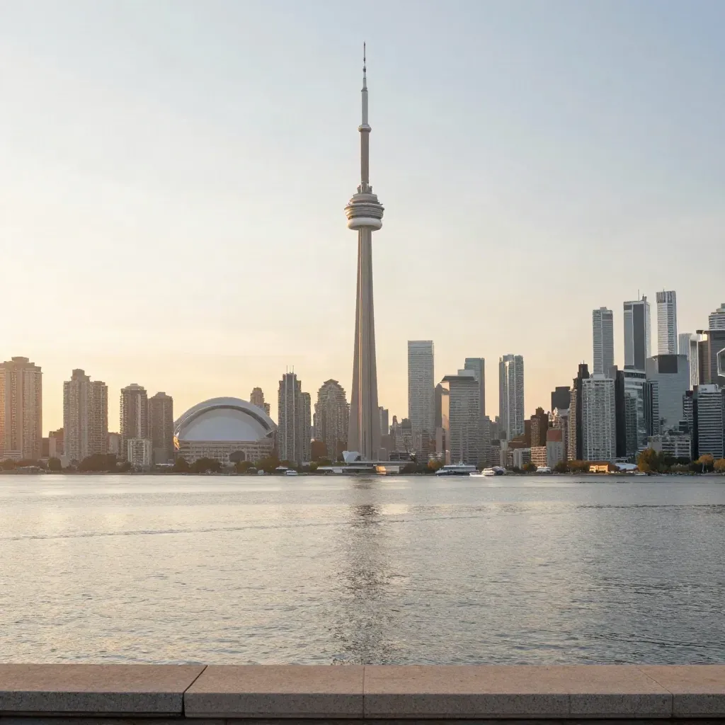 Toronto skyline and CN Tower above calm lake water in warm haze, with open copy space below.