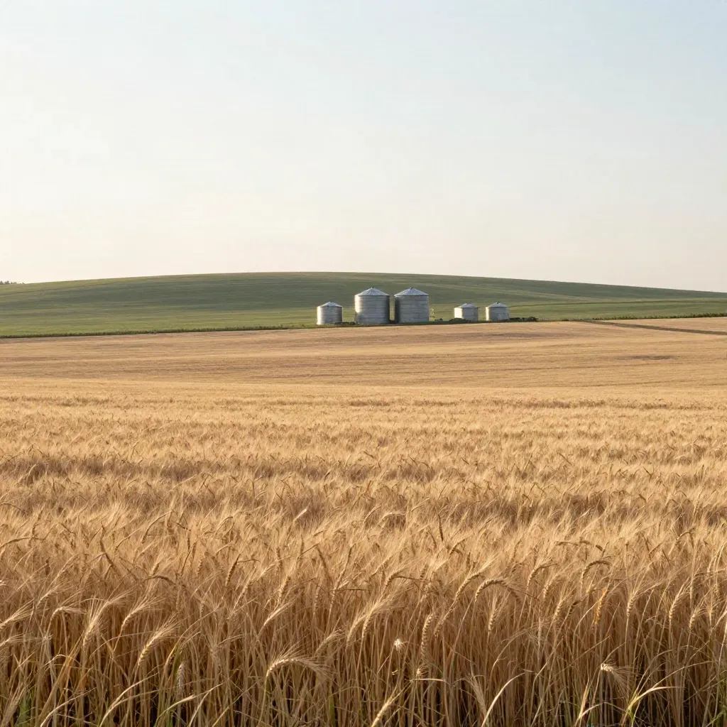 Hazy Southern Ontario farmland with distant silos under warm late sun.