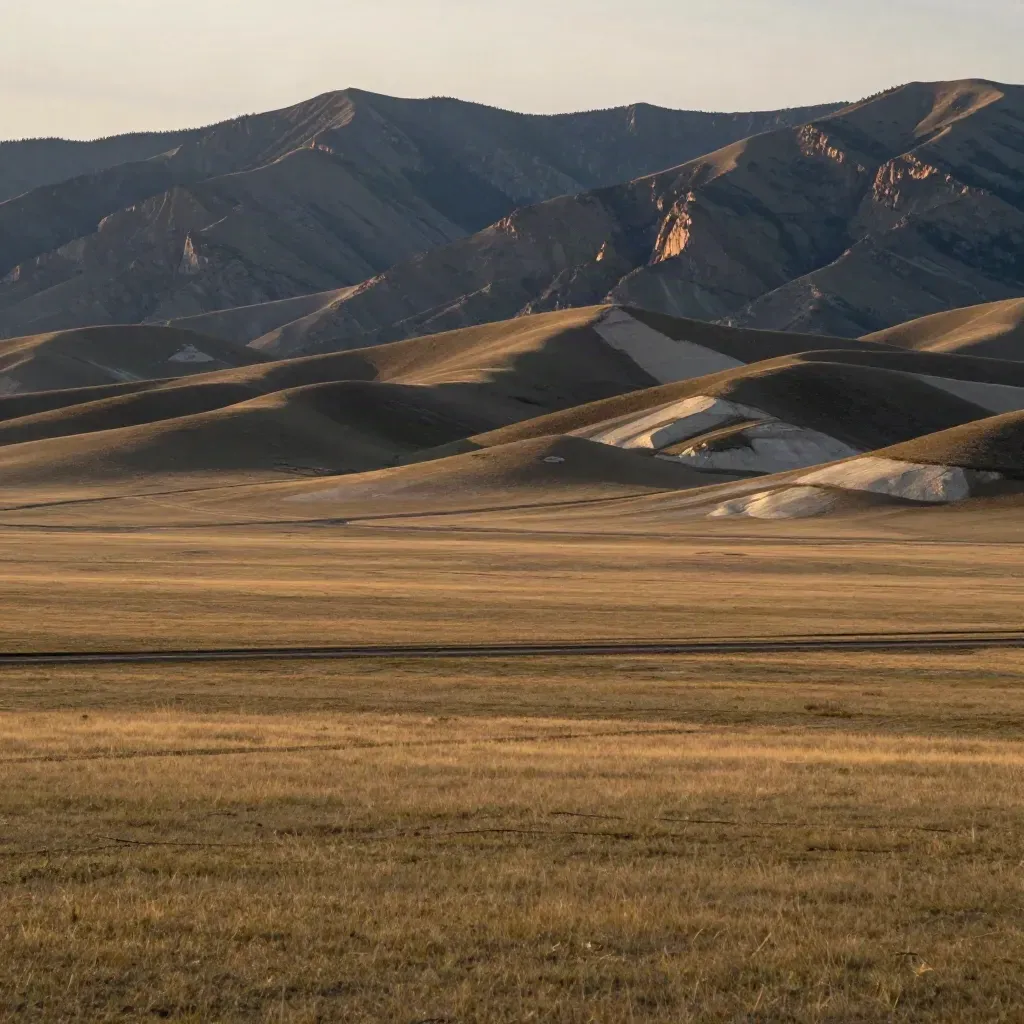 Alberta foothills and the Rockies at golden hour over open prairie with haze