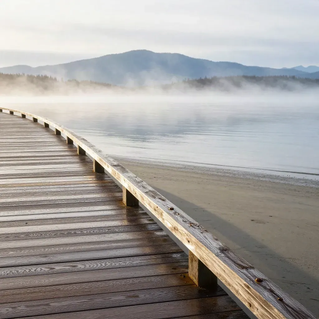 Rain-dark cedar boardwalk in British Columbia fading into misty inlet and blue mountains.